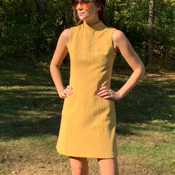 Vintage 60's Mustard Yellow Hippie Mod Mini Dress - Picture 7 of 8